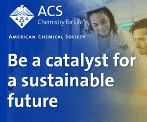 Animated GIF with the American Chemical Society (ACS) logo and text that reads: “ACS Chemistry for Life. American Chemical Society. Be a catalyst for a sustainable future.” The animation emphasizes sustainability and scientific engagement.